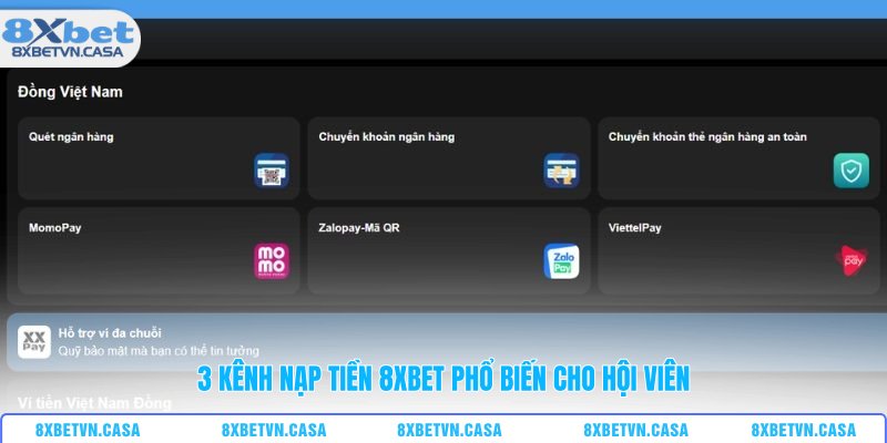 3 kênh nạp tiền 8XBET phổ biến cho hội viên
